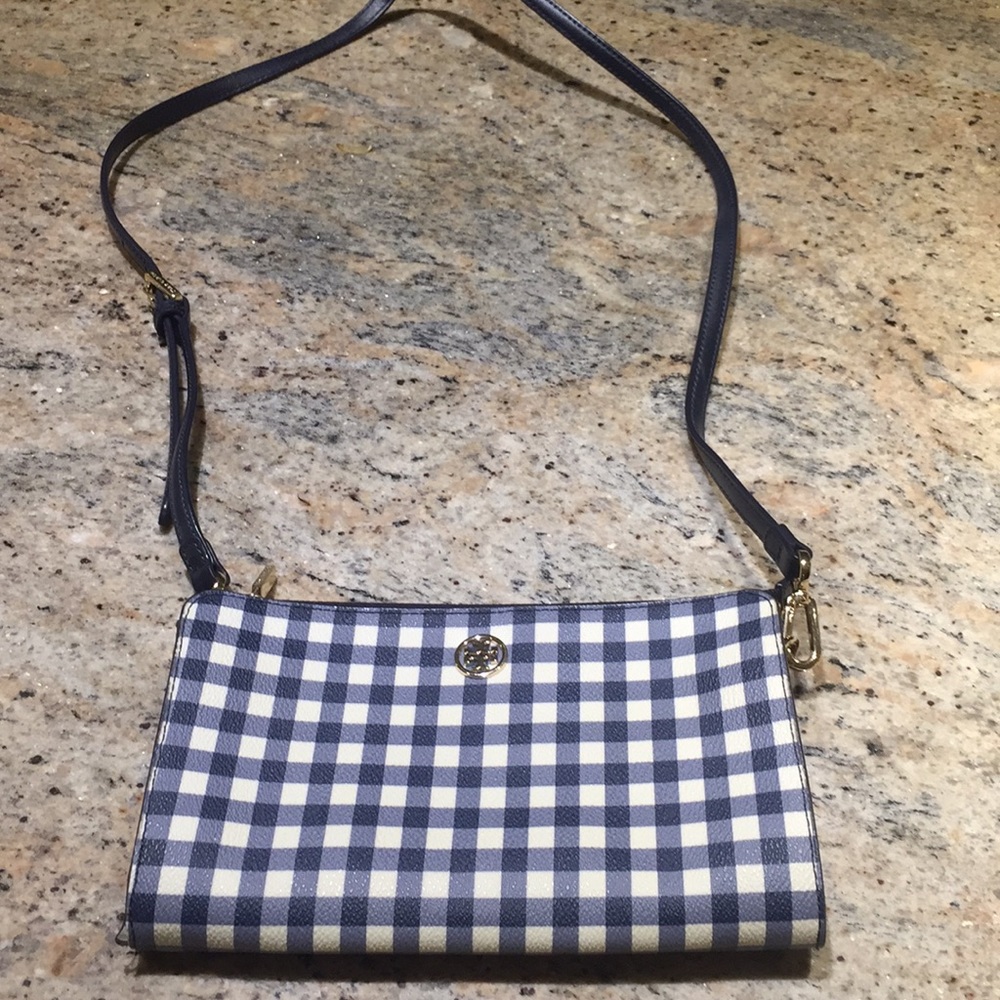 Tory Burch gingham navy white cross-body purse